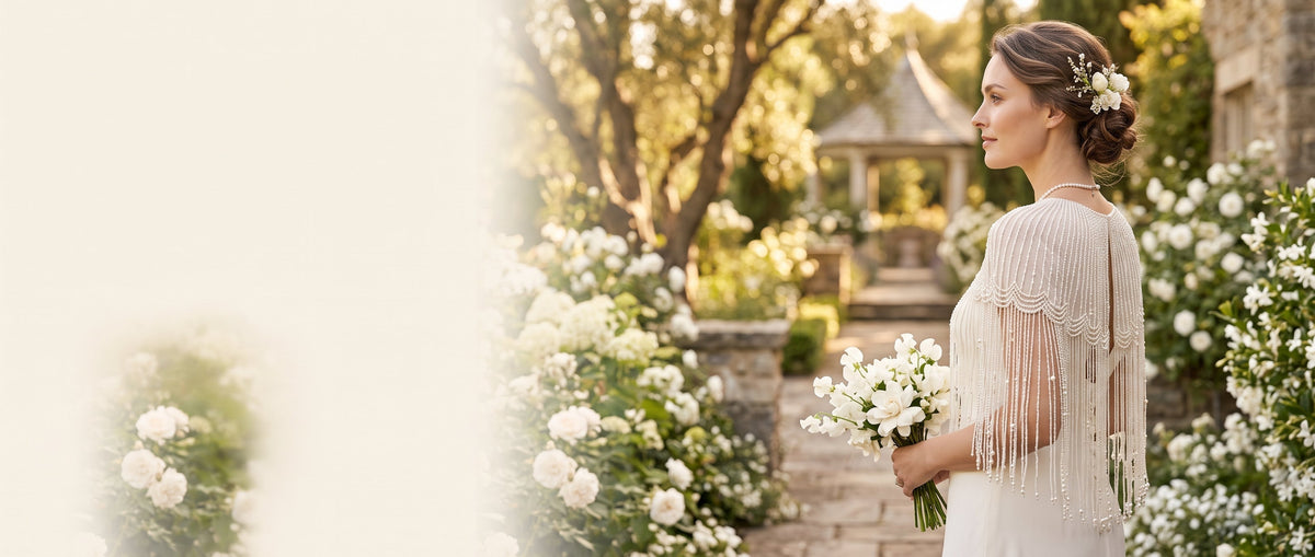 Bride wearing an ivory beaded fringe cape over a white wedding dress, holding a bouquet in a garden.