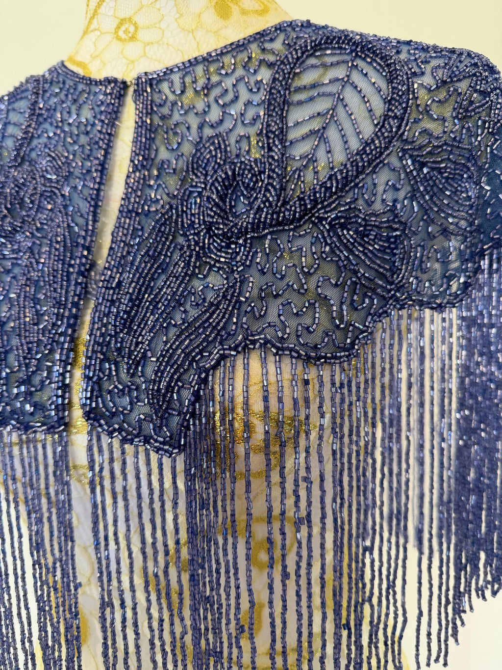 Vintage Blue Beaded Fringe Capelet in greyish blue, view 6