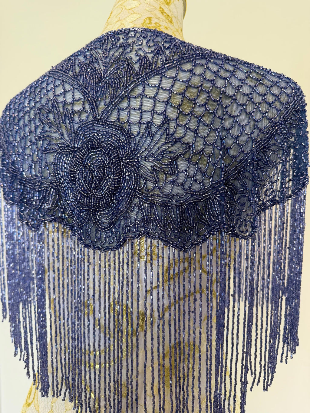 Vintage Blue Beaded Fringe Capelet in greyish blue, view 11