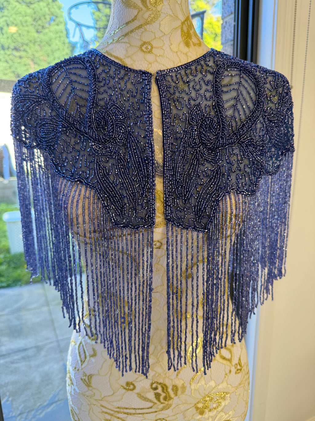 Vintage Blue Beaded Fringe Capelet in greyish blue, view 2