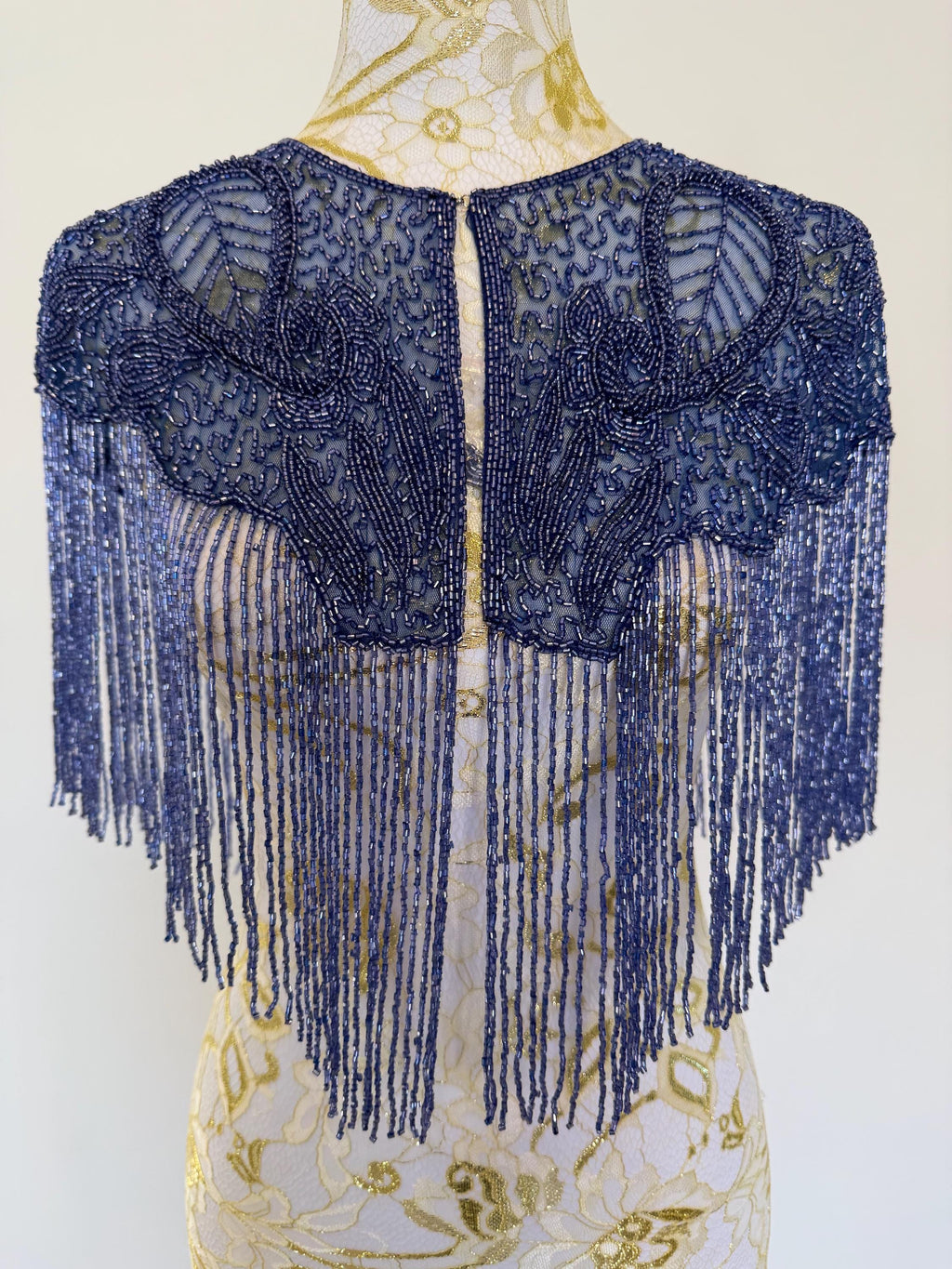 Vintage Blue Beaded Fringe Capelet in greyish blue, view 4
