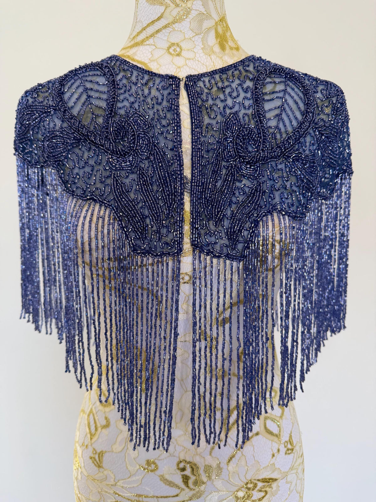 Vintage Blue Beaded Fringe Capelet in greyish blue, view 4