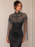 Smoky Charcoal Beaded Fringe Capelet in smoky charcoal and metallic grey, view 1