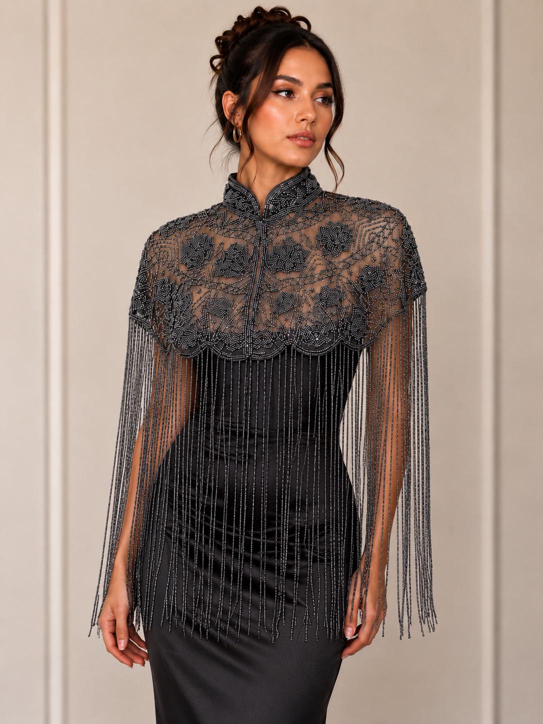 Smoky Charcoal Beaded Fringe Capelet in smoky charcoal and metallic grey, view 1