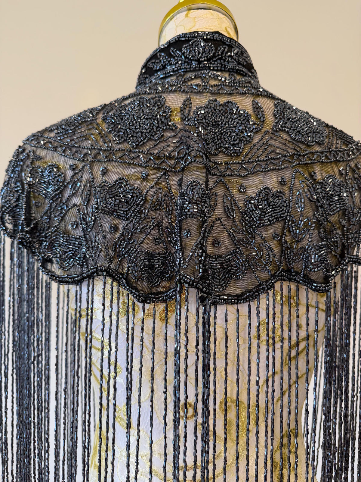 Smoky Charcoal Beaded Fringe Capelet in smoky charcoal and metallic grey, view 3