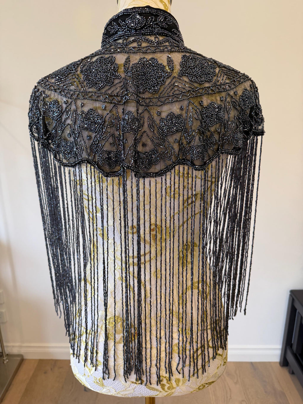 Smoky Charcoal Beaded Fringe Capelet in smoky charcoal and metallic grey, view 7