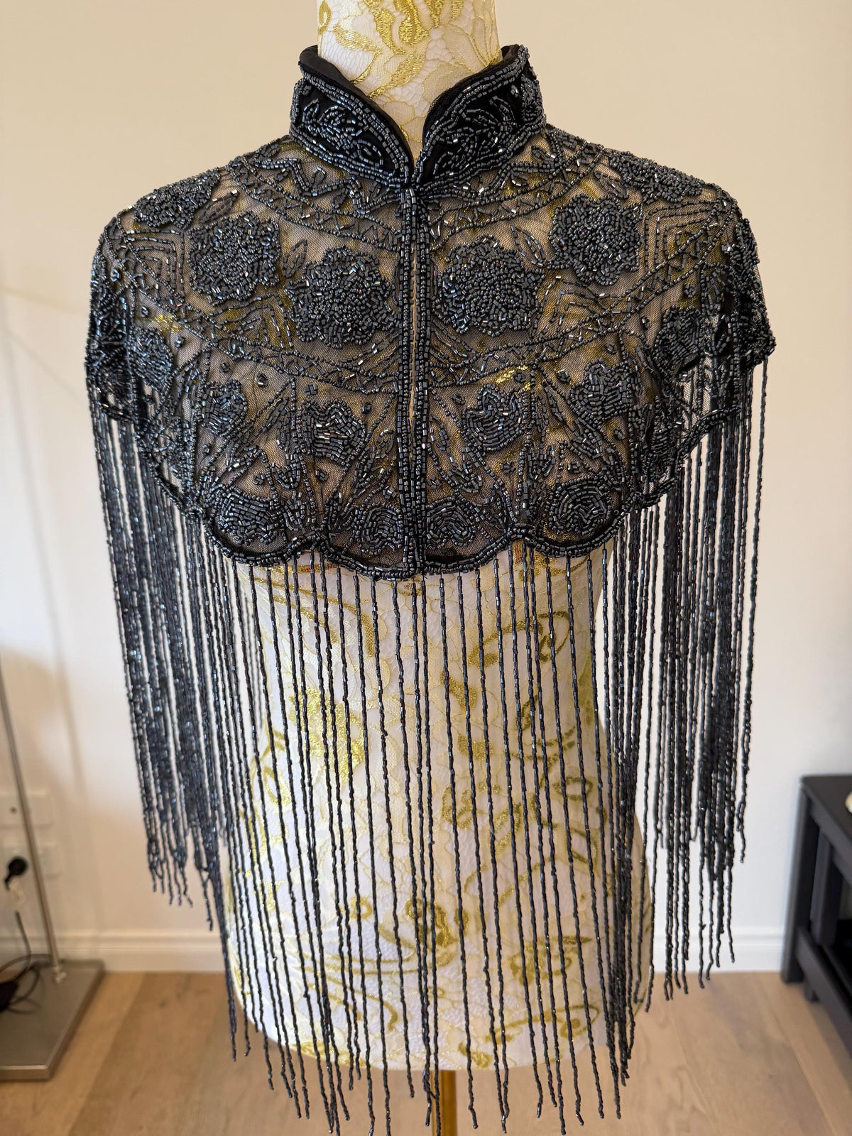 Smoky Charcoal Beaded Fringe Capelet in smoky charcoal and metallic grey, view 12