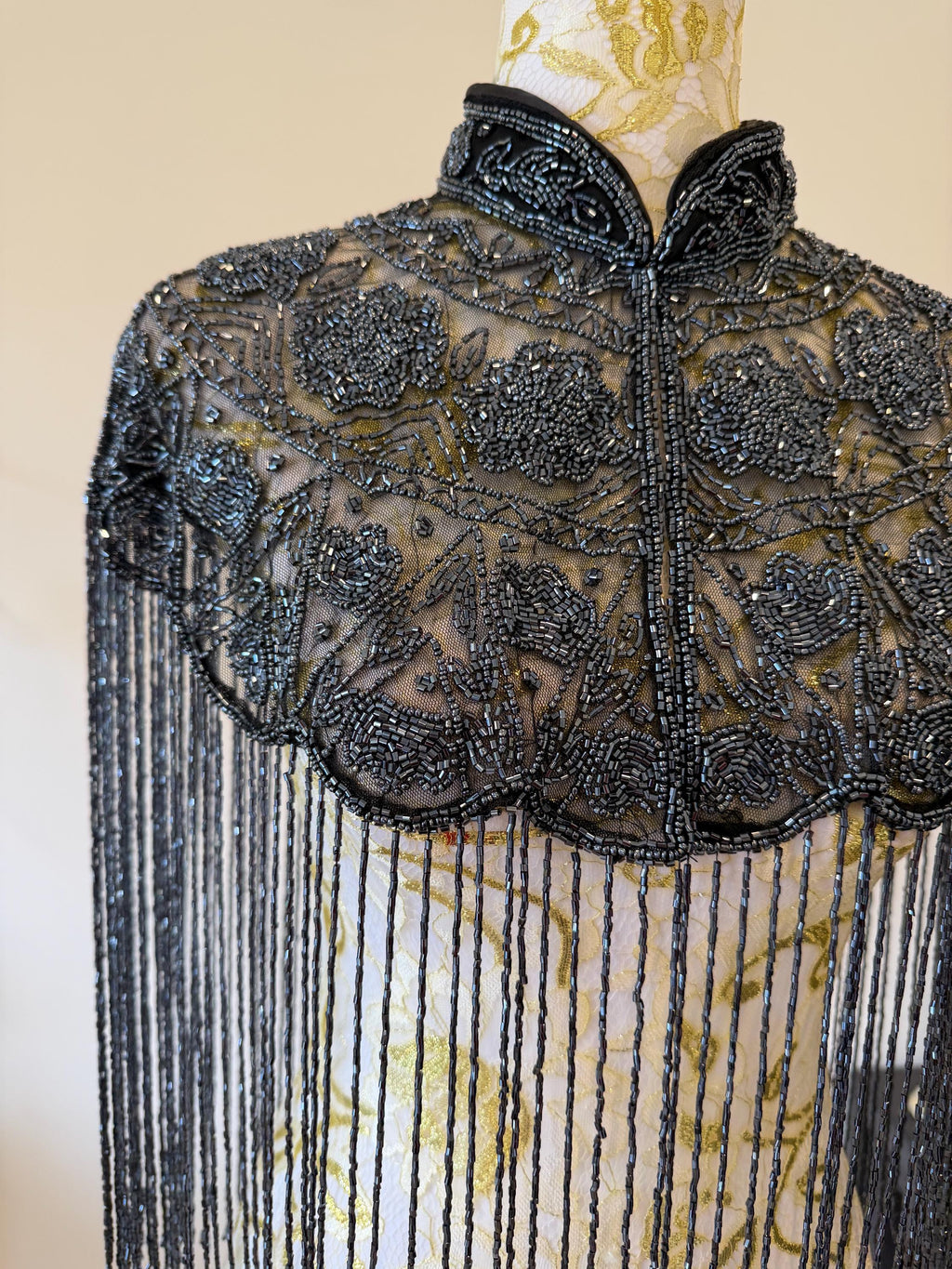 Smoky Charcoal Beaded Fringe Capelet in smoky charcoal and metallic grey, view 13