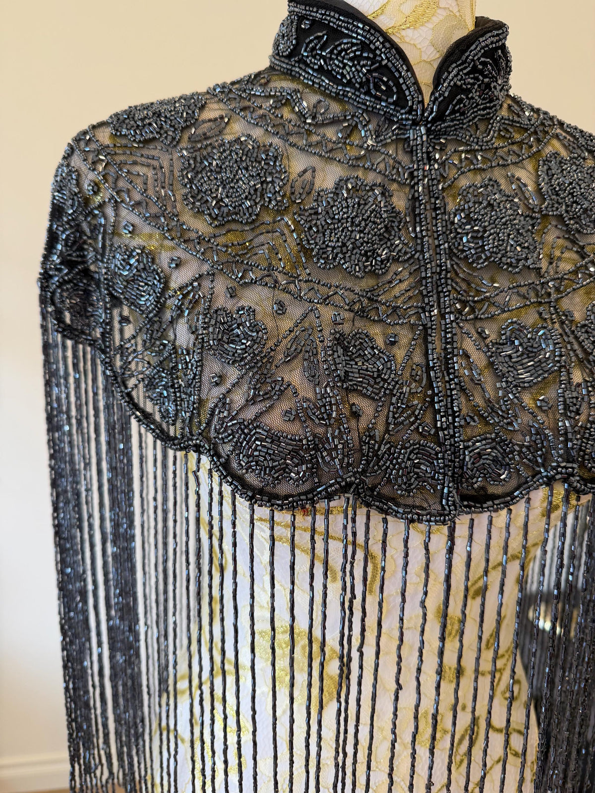 Smoky Charcoal Beaded Fringe Capelet in smoky charcoal and metallic grey, view 15