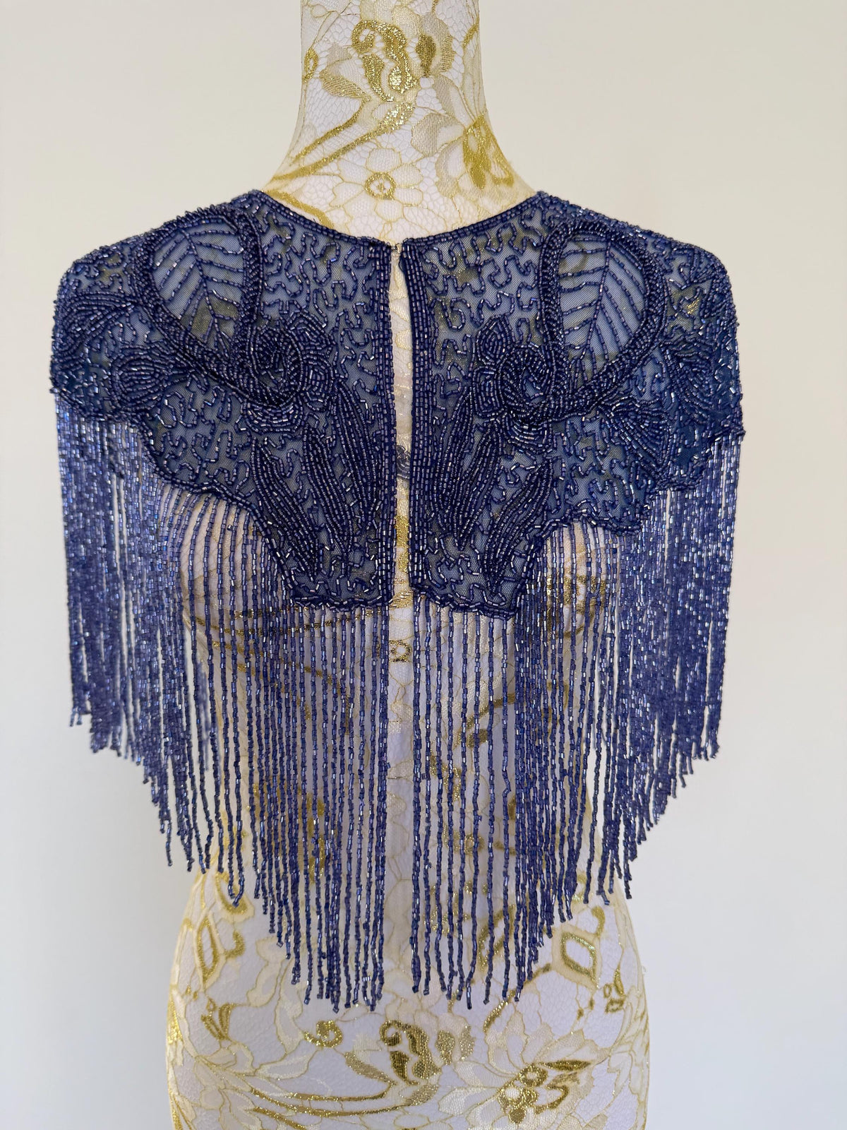 Vintage Blue Beaded Fringe Capelet in greyish blue, view 3