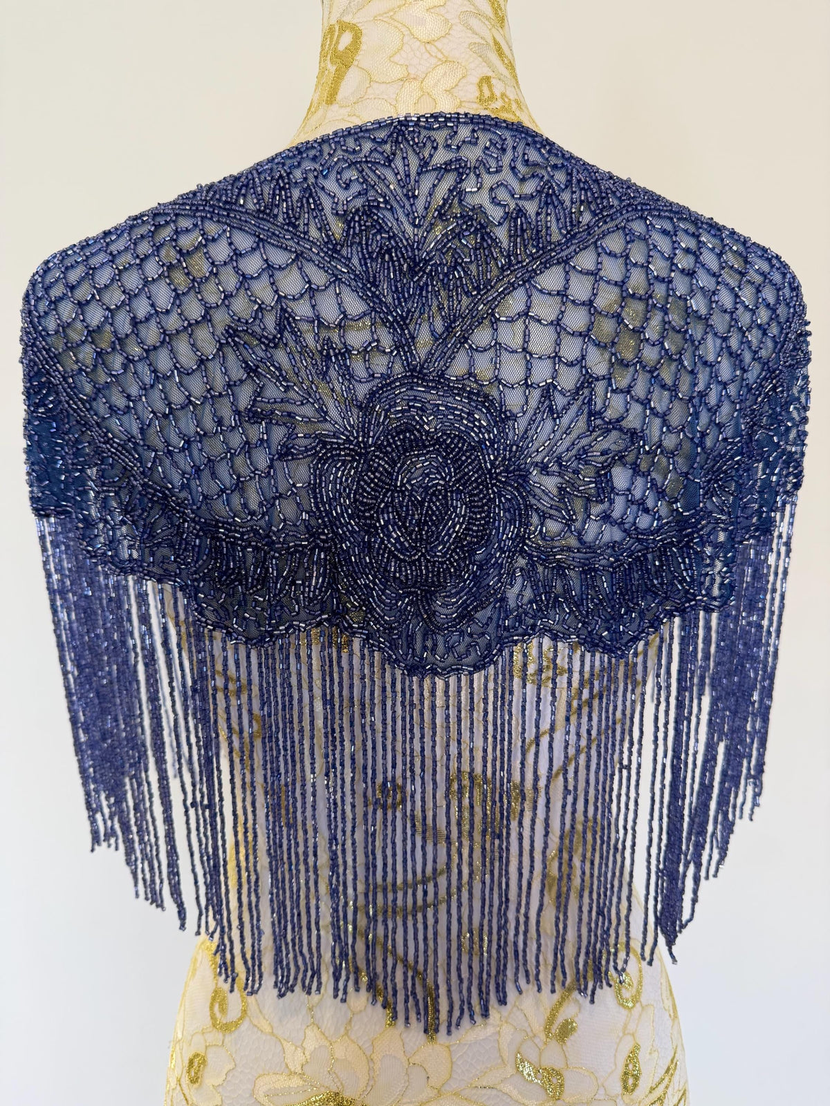 Vintage Blue Beaded Fringe Capelet in greyish blue, view 10