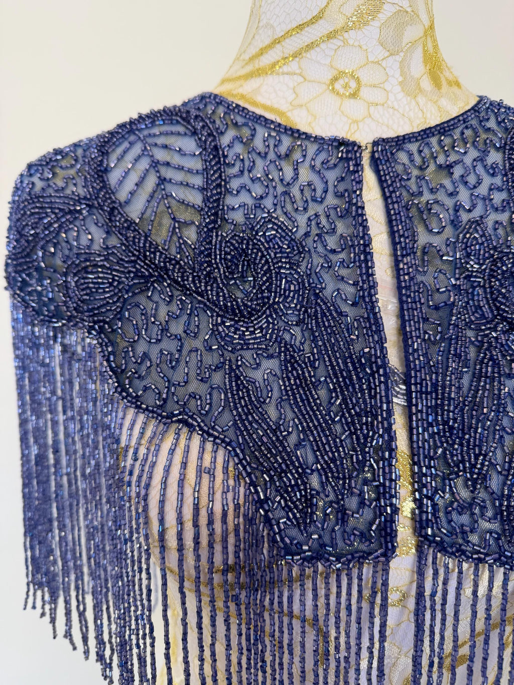 Vintage Blue Beaded Fringe Capelet in greyish blue, view 5