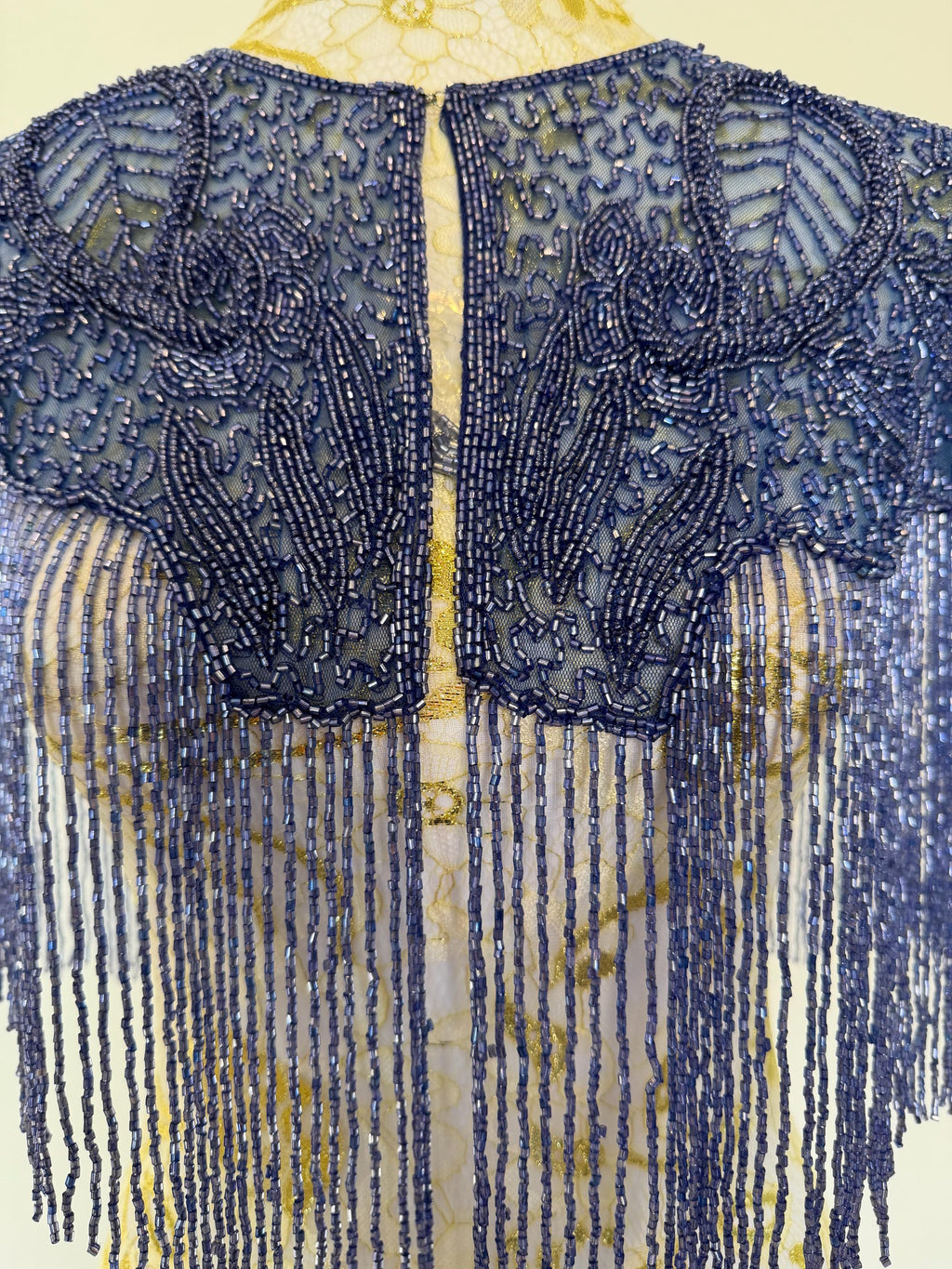 Vintage Blue Beaded Fringe Capelet in greyish blue, view 7