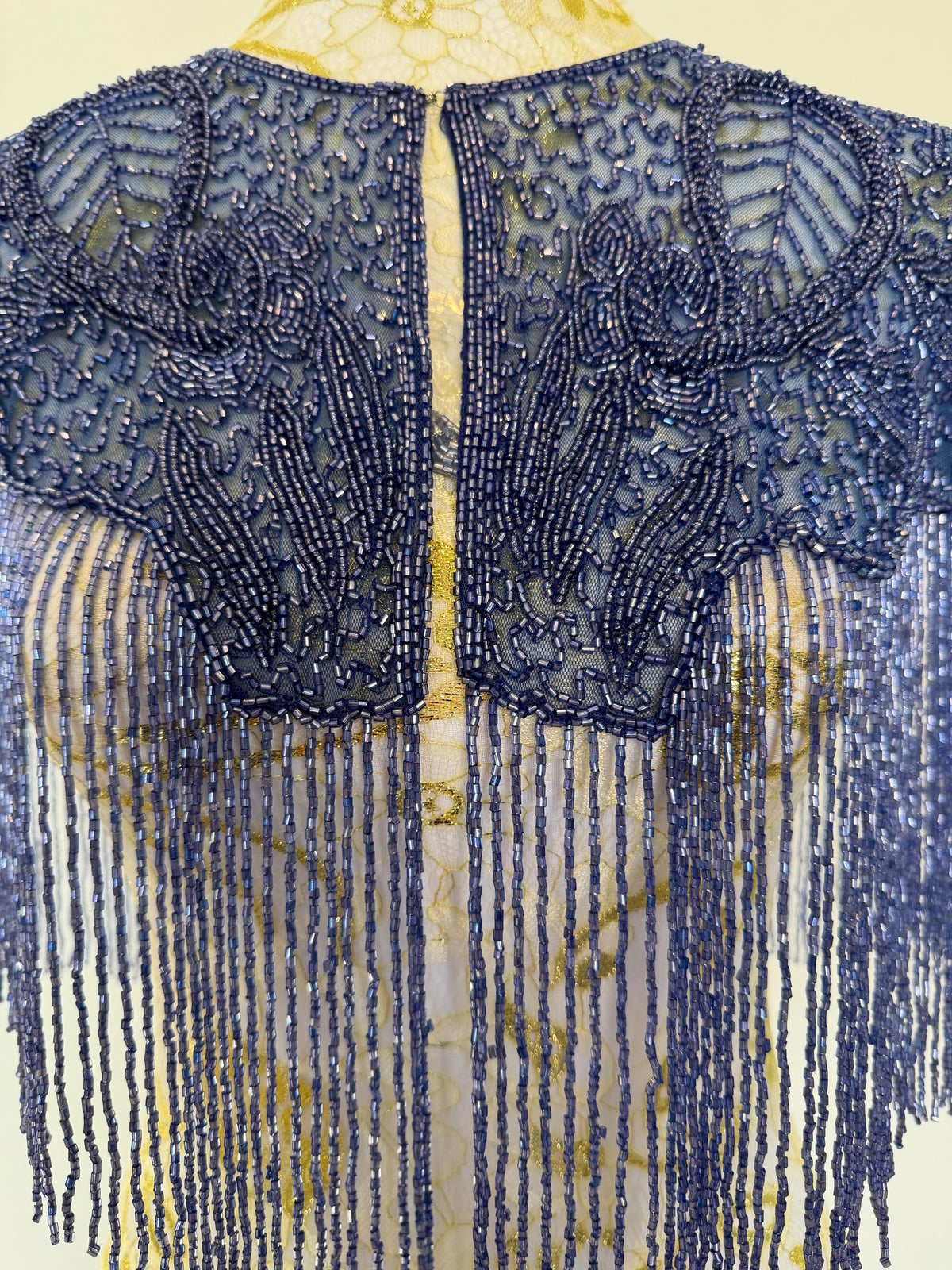 Vintage Blue Beaded Fringe Capelet in greyish blue, view 7