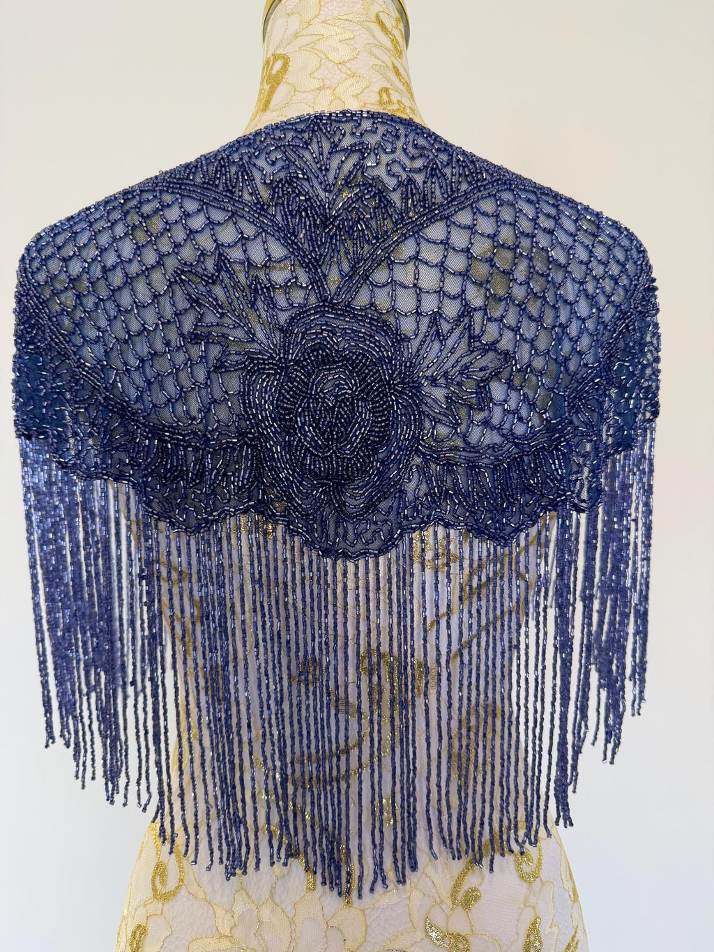 Vintage Blue Beaded Fringe Capelet in greyish blue, view 8