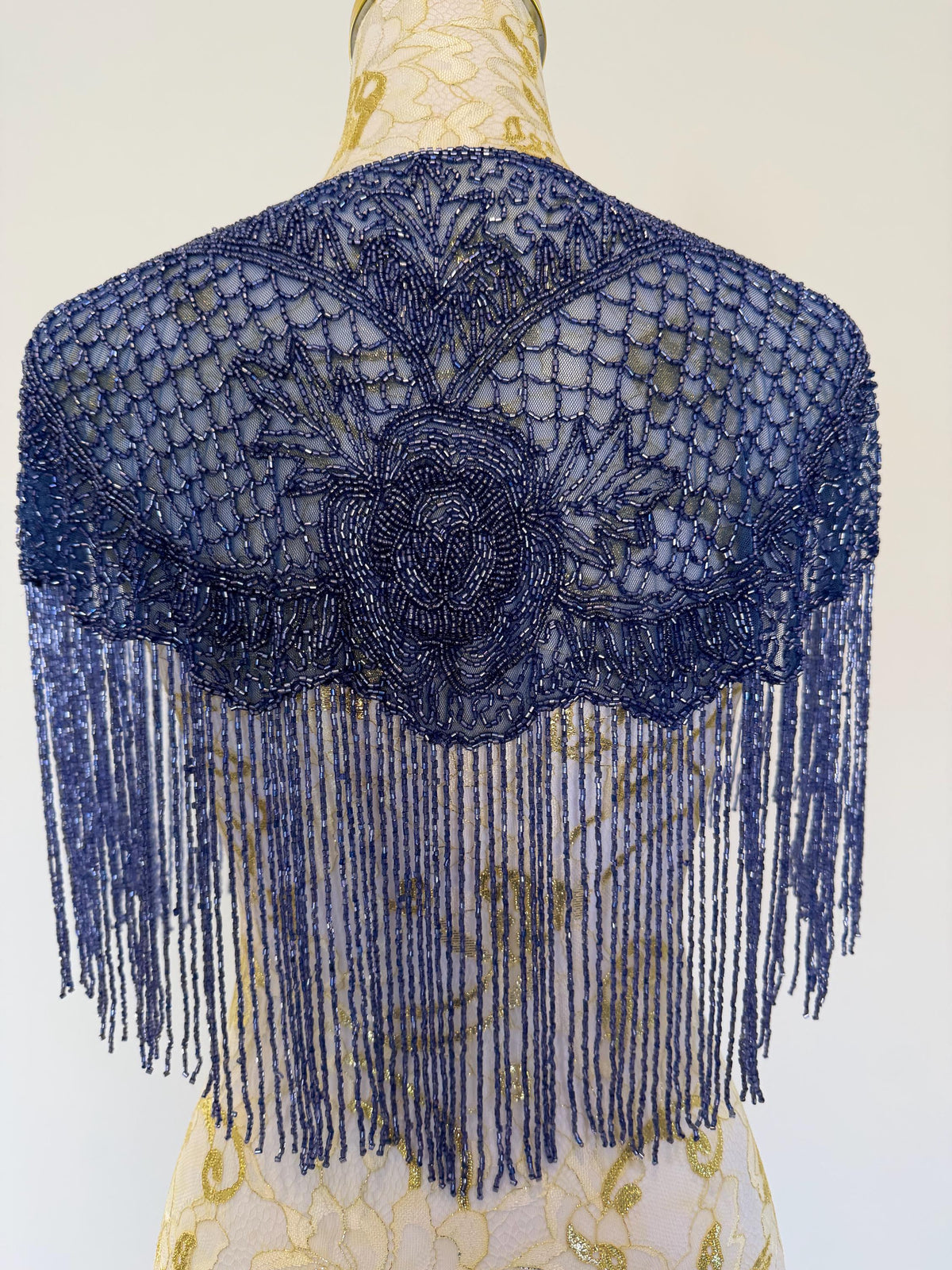 Vintage Blue Beaded Fringe Capelet in greyish blue, view 8