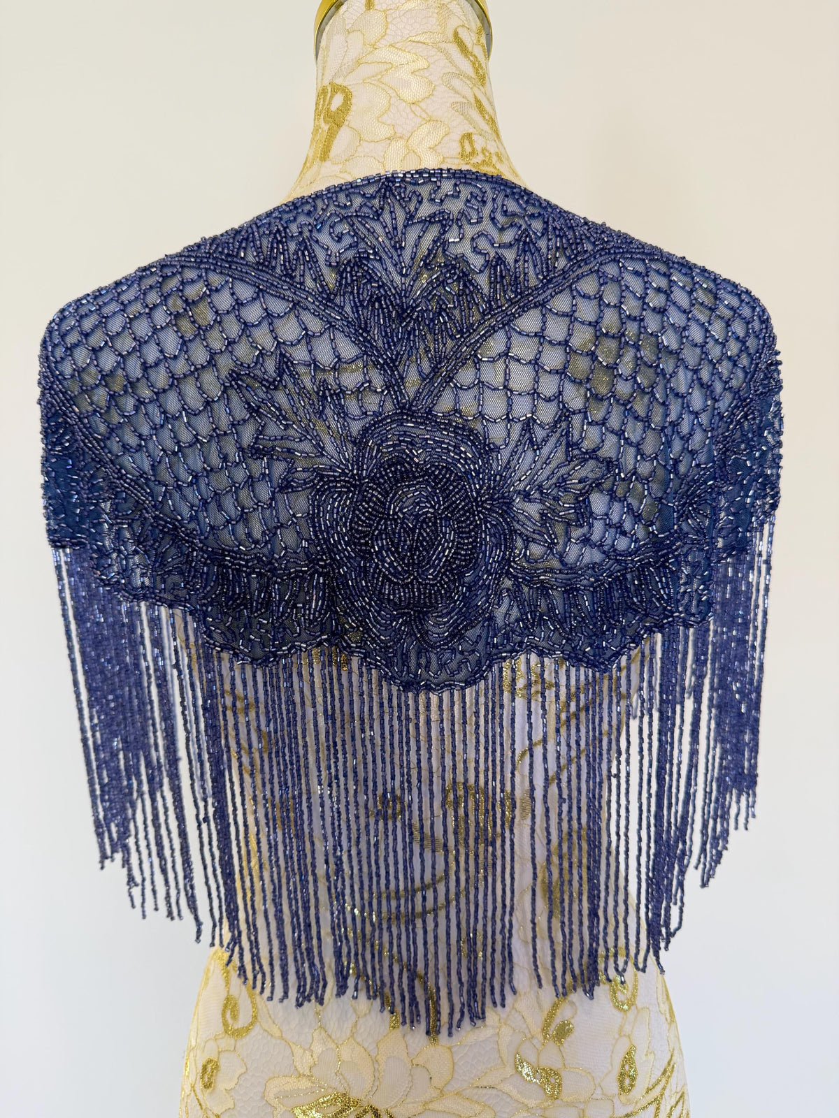 Vintage Blue Beaded Fringe Capelet in greyish blue, view 9