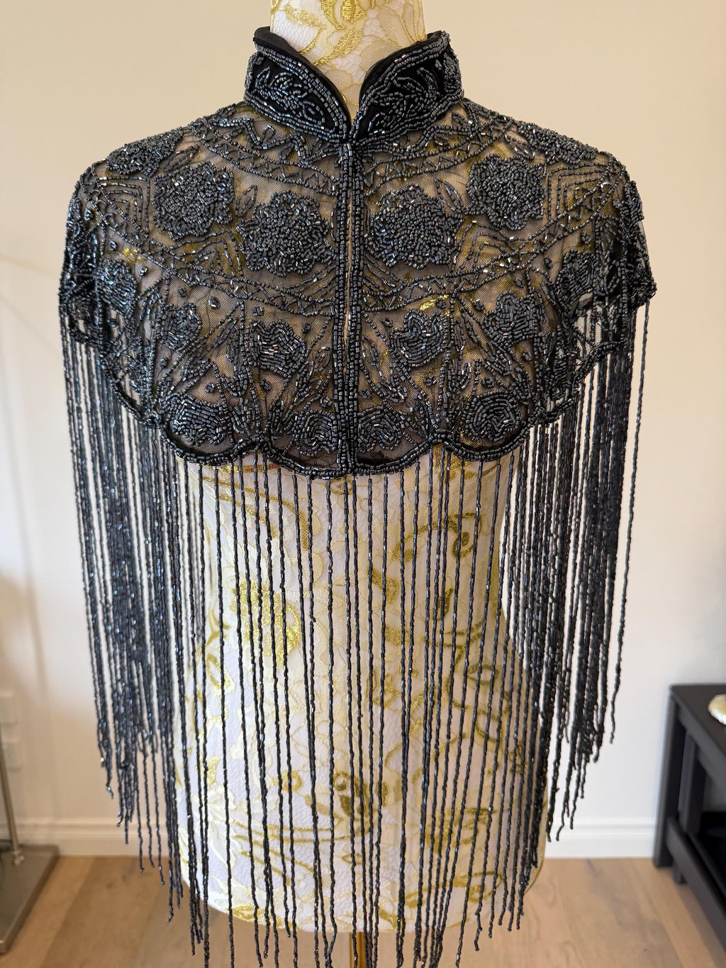Smoky Charcoal Beaded Fringe Capelet in smoky charcoal and metallic grey, view 2