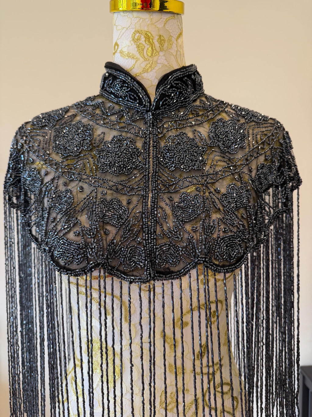 Smoky Charcoal Beaded Fringe Capelet in smoky charcoal and metallic grey, view 4