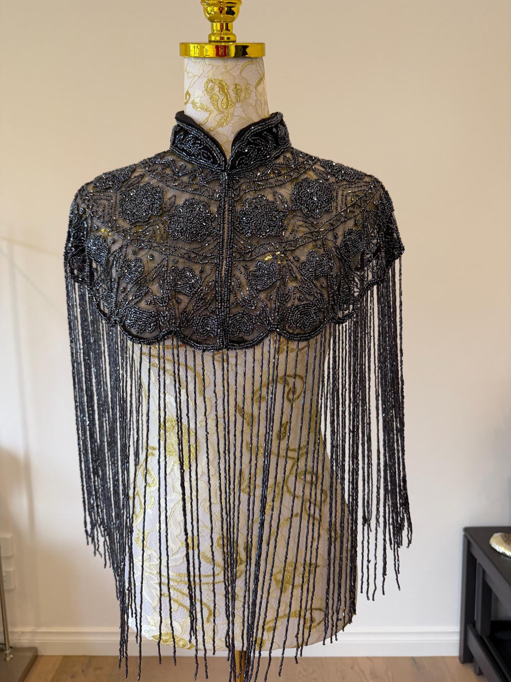 Smoky Charcoal Beaded Fringe Capelet in smoky charcoal and metallic grey, view 5
