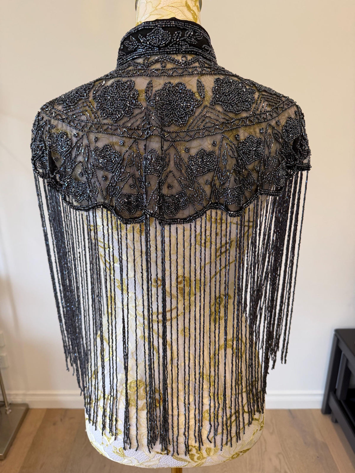 Smoky Charcoal Beaded Fringe Capelet in smoky charcoal and metallic grey, view 11
