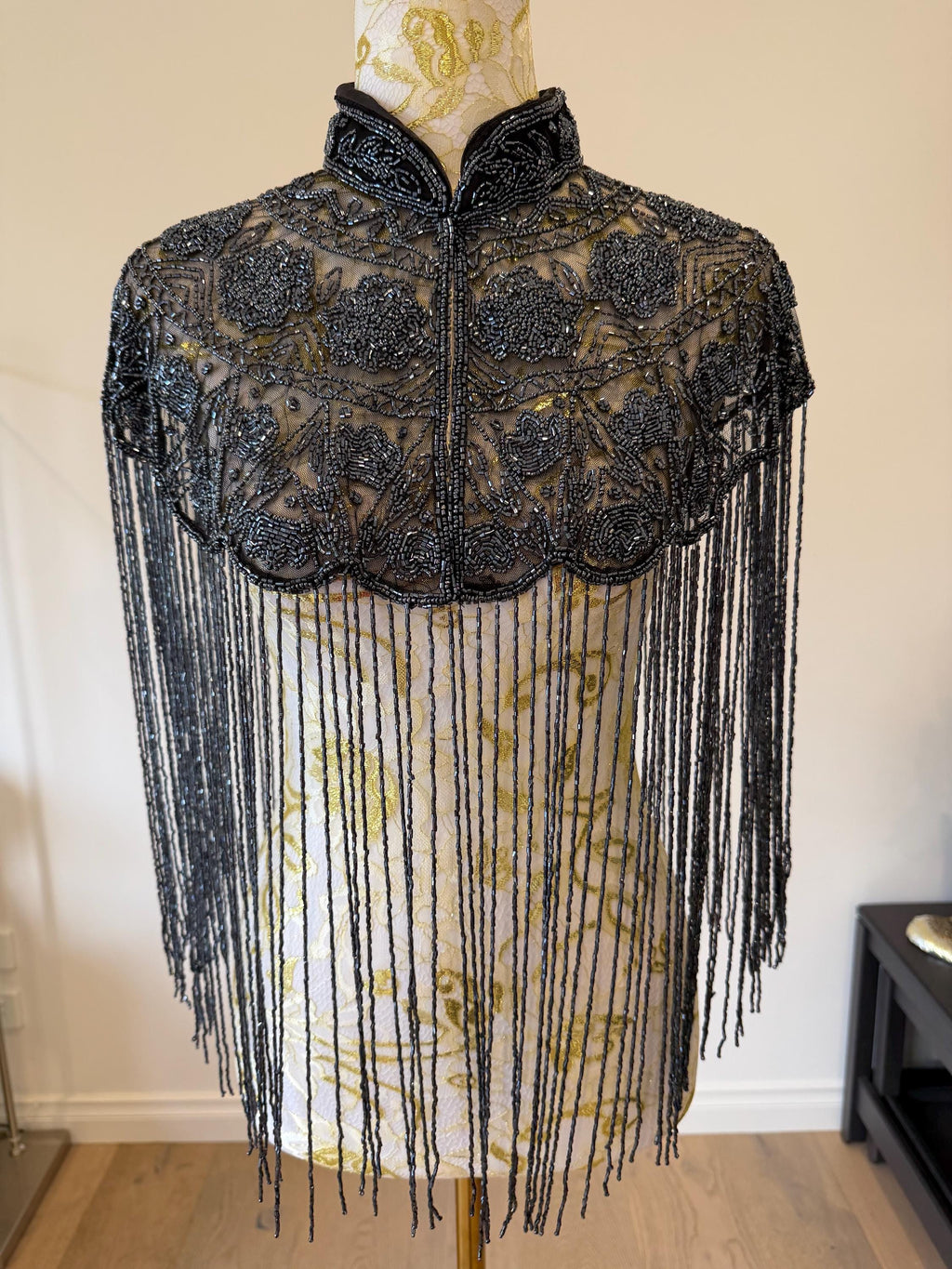 Smoky Charcoal Beaded Fringe Capelet in smoky charcoal and metallic grey, view 9