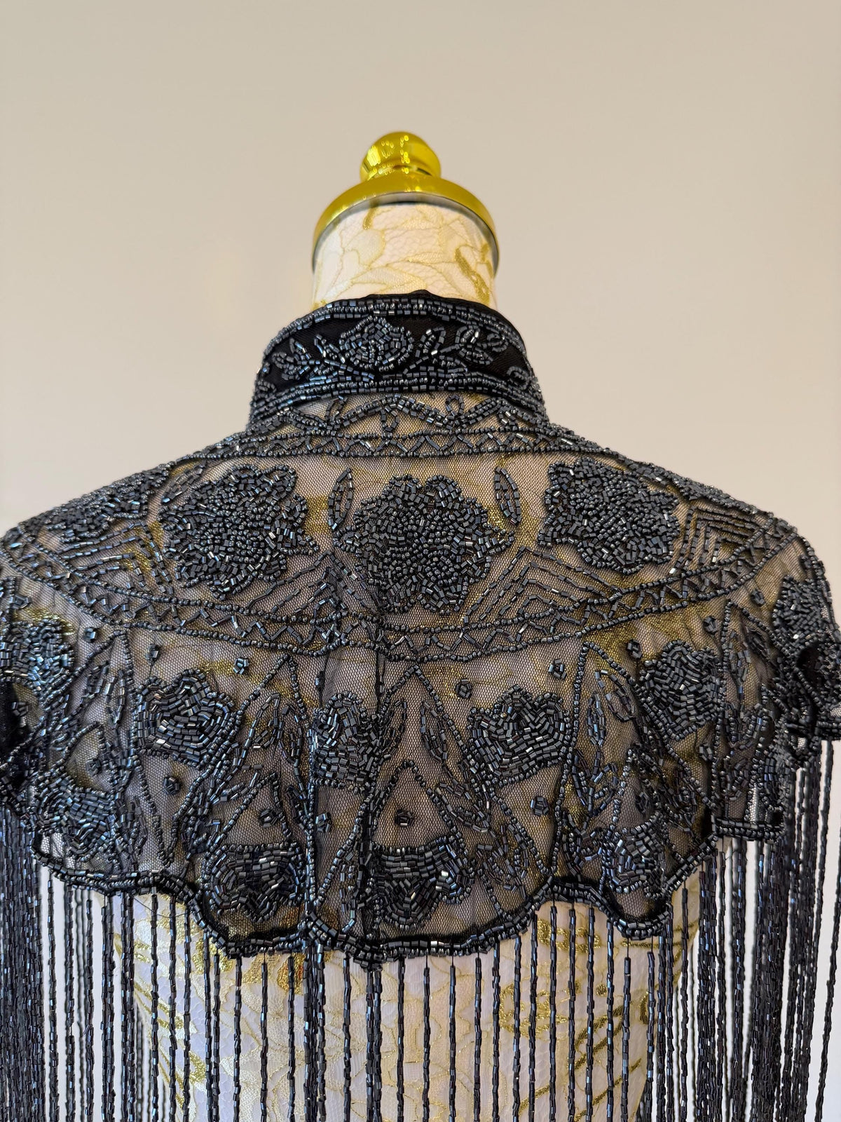Smoky Charcoal Beaded Fringe Capelet in smoky charcoal and metallic grey, view 10