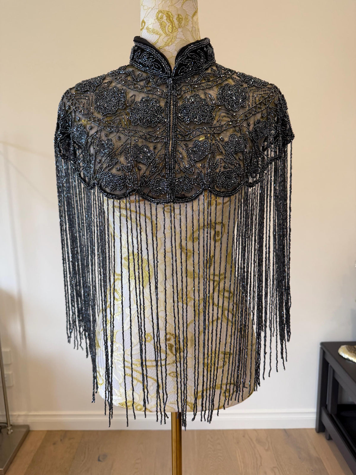 Smoky Charcoal Beaded Fringe Capelet in smoky charcoal and metallic grey, view 8