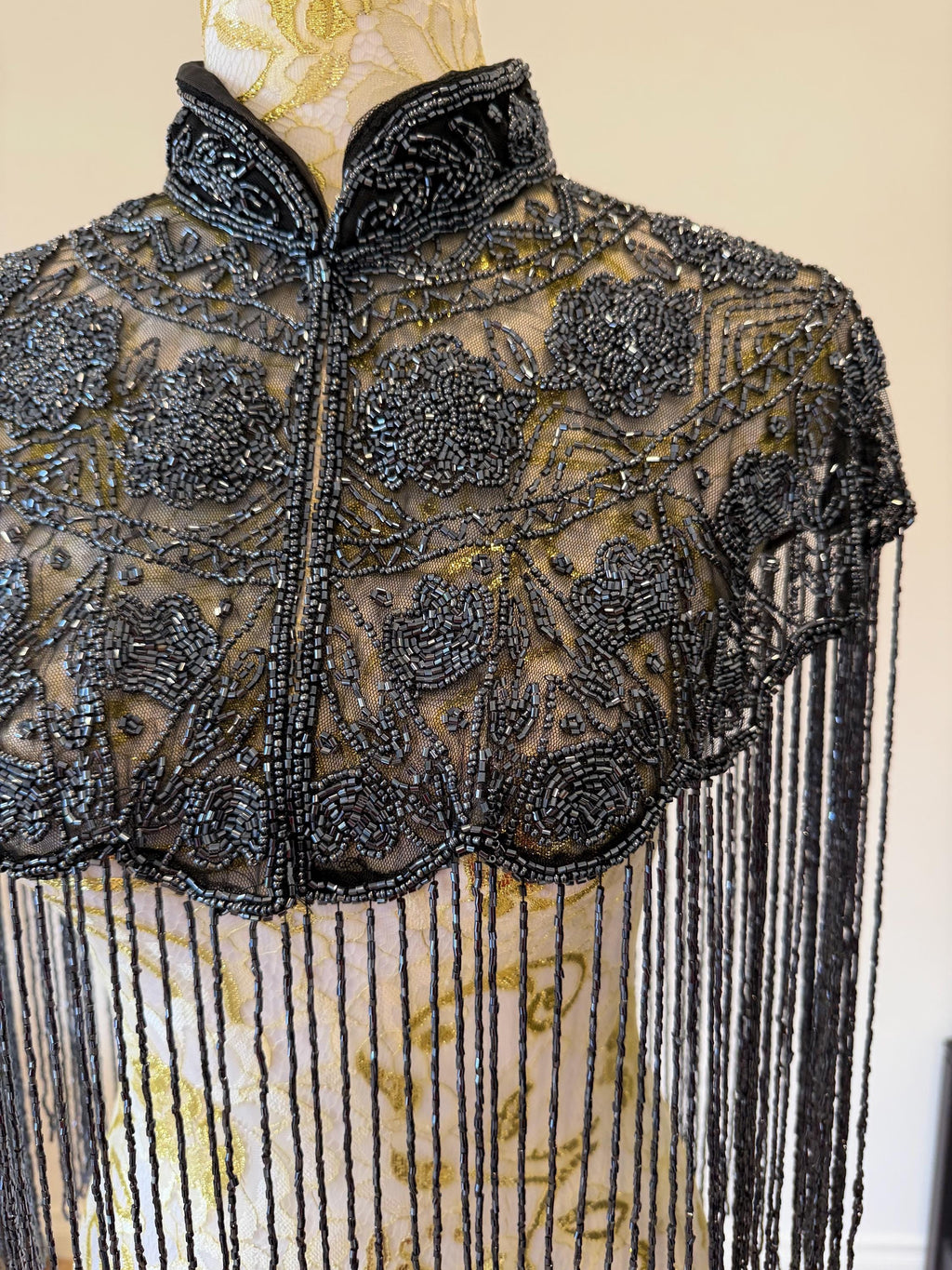 Smoky Charcoal Beaded Fringe Capelet in smoky charcoal and metallic grey, view 14