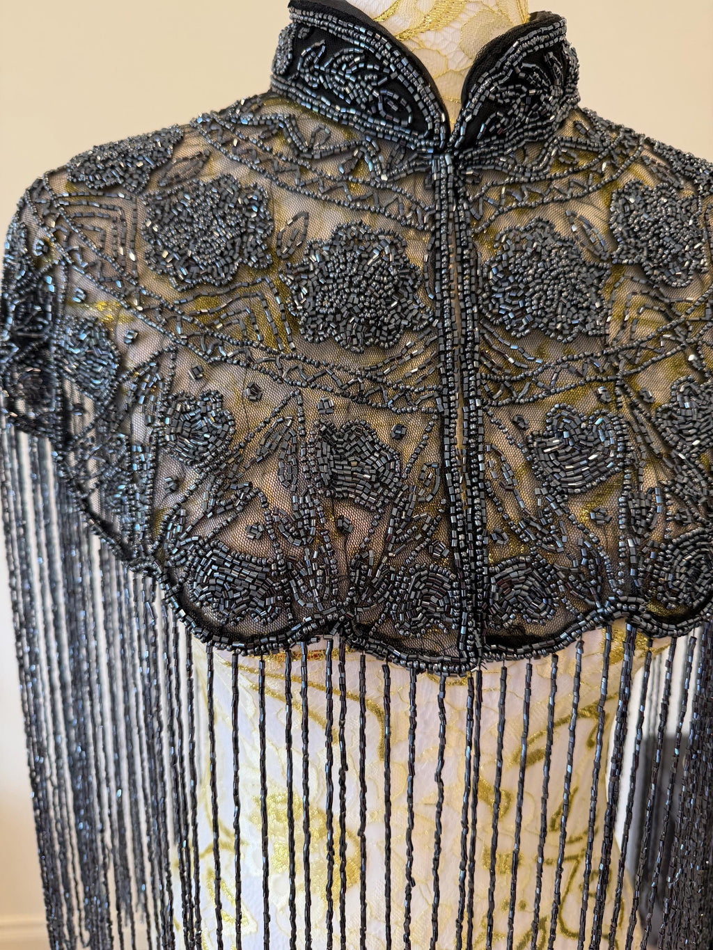 Smoky Charcoal Beaded Fringe Capelet in smoky charcoal and metallic grey, view 17
