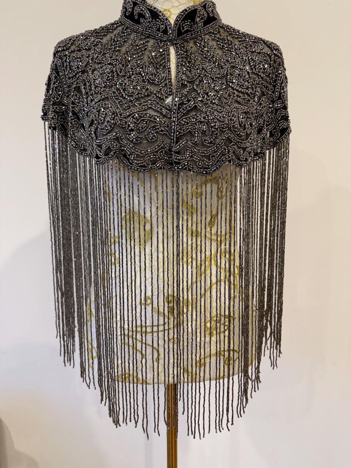 Gunmetal Beaded Fringe Capelet in black with gunmetal beads, view 2