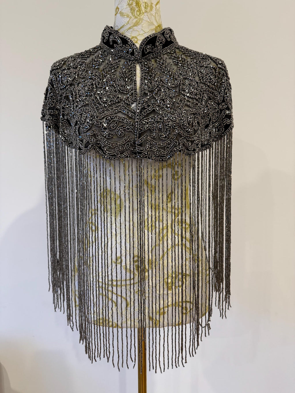 Gunmetal Beaded Fringe Capelet in black with gunmetal beads, view 5