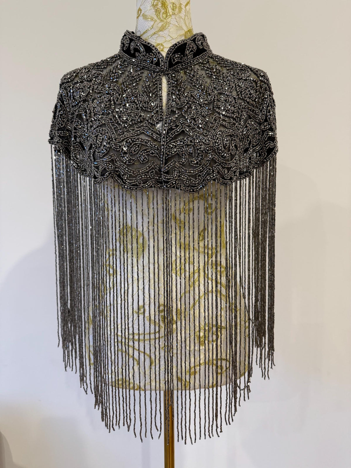 Gunmetal Beaded Fringe Capelet in black with gunmetal beads, view 5