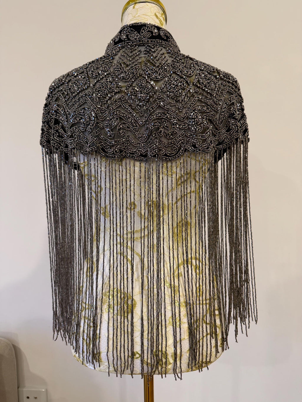 Gunmetal Beaded Fringe Capelet in black with gunmetal beads, view 3