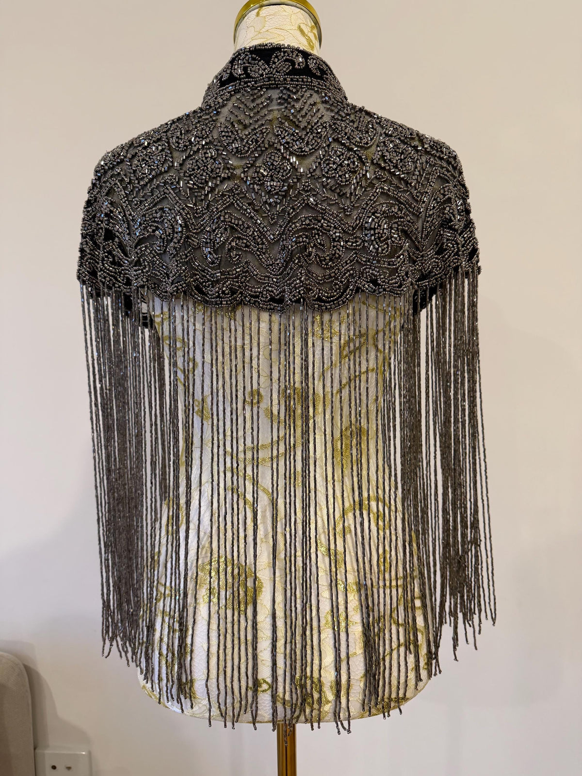 Gunmetal Beaded Fringe Capelet in black with gunmetal beads, view 3