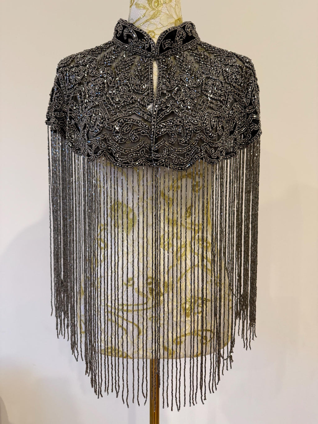Gunmetal Beaded Fringe Capelet in black with gunmetal beads, view 6