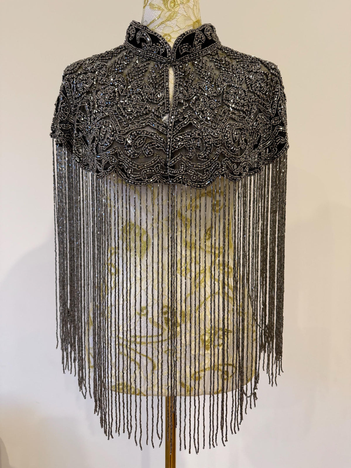 Gunmetal Beaded Fringe Capelet in black with gunmetal beads, view 6