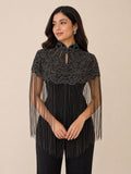 Gunmetal Beaded Fringe Capelet in black with gunmetal beads, view 1