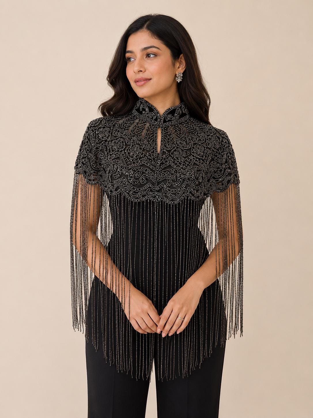 Gunmetal Beaded Fringe Capelet in black with gunmetal beads, view 1