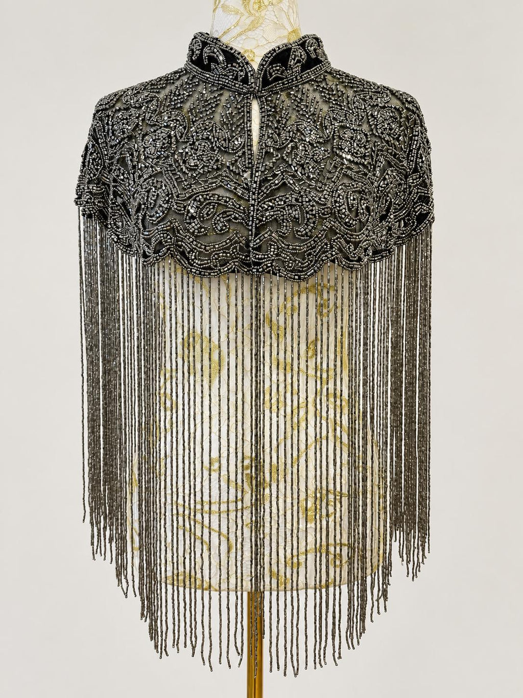 Gunmetal Beaded Fringe Capelet in black with gunmetal beads, view 4