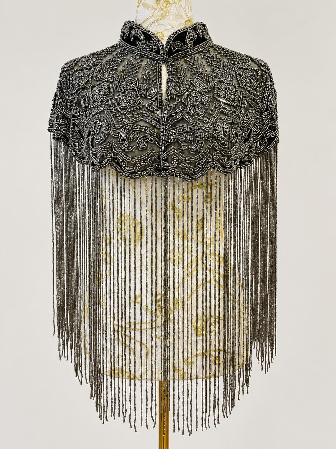 Gunmetal Beaded Fringe Capelet in black with gunmetal beads, view 4