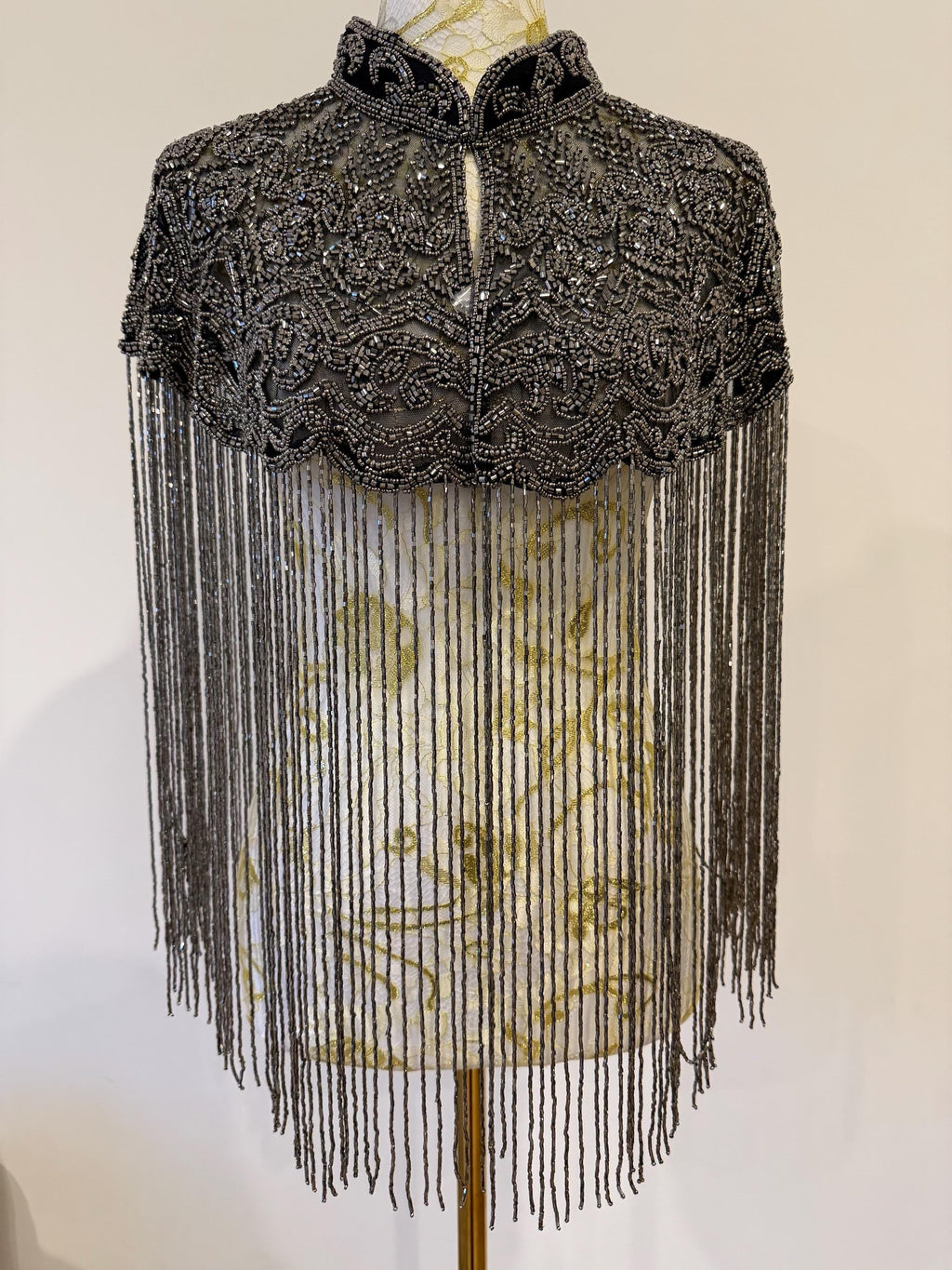 Gunmetal Beaded Fringe Capelet in black with gunmetal beads, view 7