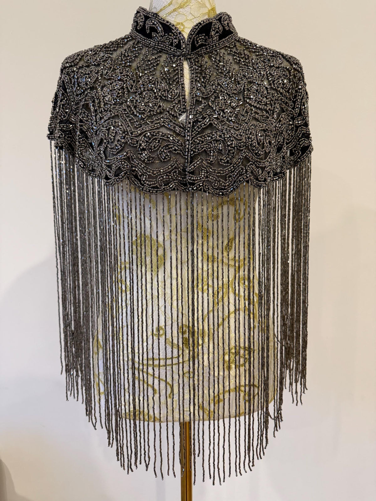 Gunmetal Beaded Fringe Capelet in black with gunmetal beads, view 7