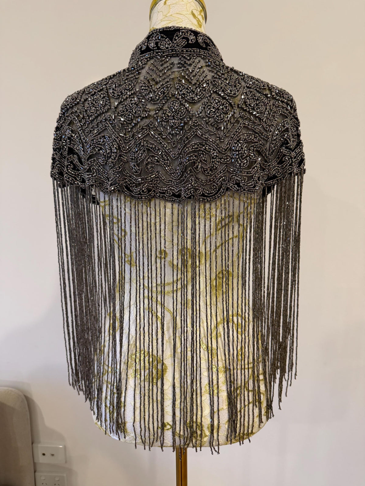 Gunmetal Beaded Fringe Capelet in black with gunmetal beads, view 8