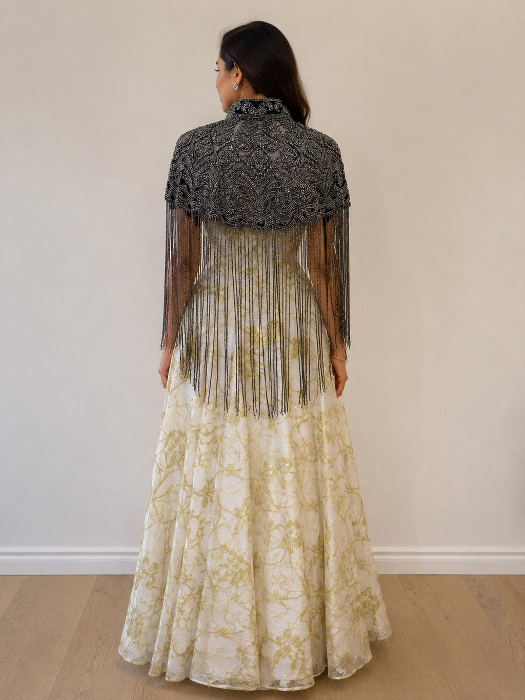 Gunmetal Beaded Fringe Capelet in black with gunmetal beads, view 9