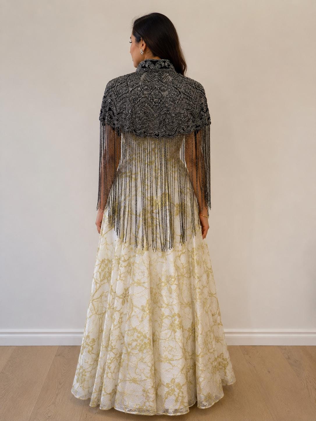 Gunmetal Beaded Fringe Capelet in black with gunmetal beads, view 9