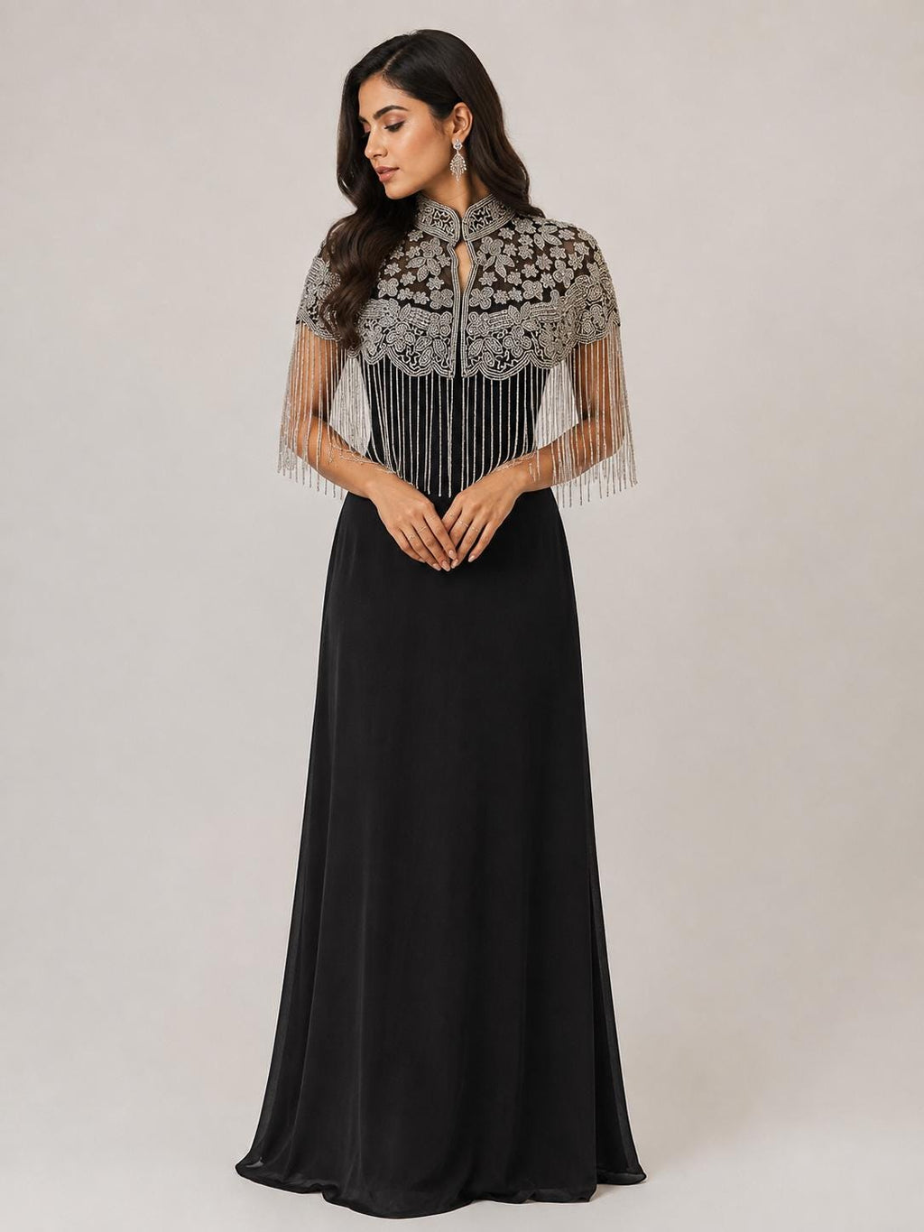 Silver Floral Beaded Fringe Cape in black and silver, view 1