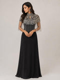 Silver Floral Beaded Fringe Cape in black and silver, view 1