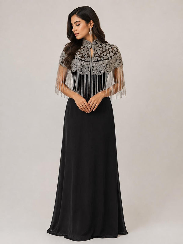 Silver Floral Cape, hand beaded fringe cape