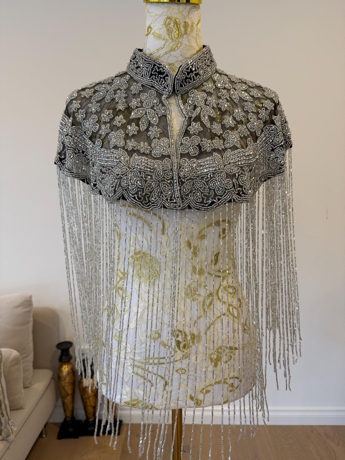 Silver Floral Beaded Fringe Cape in black and silver, view 4
